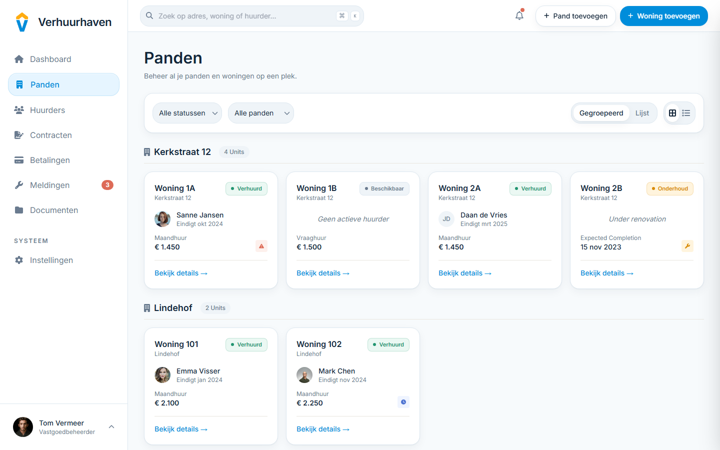 Screenshot van het overzicht van panden en units in Verhuurhaven.