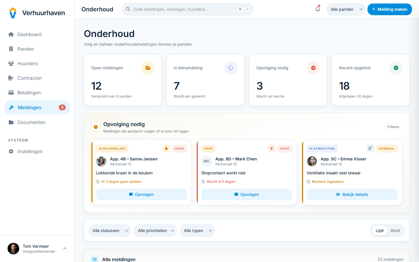 Screenshot van het onderhoudsoverzicht met open taken.