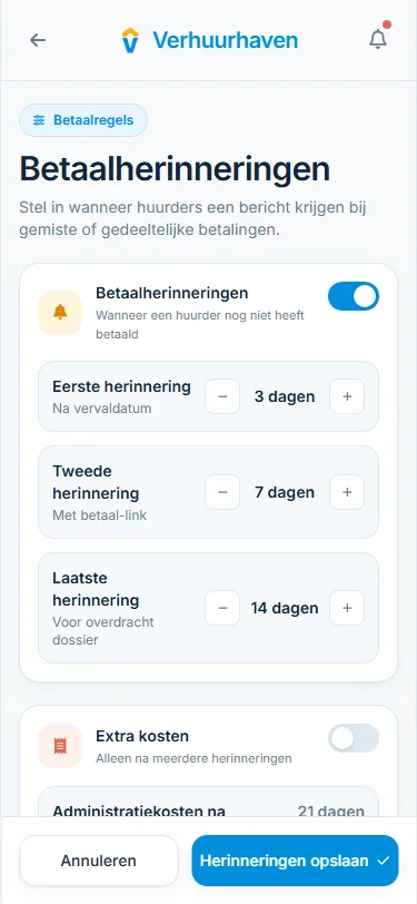 Manager instellingen voor betaalherinneringen in Verhuurhaven.