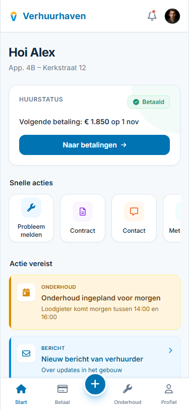 Verhuurhaven screenshot van de mobiele app voor huurders.