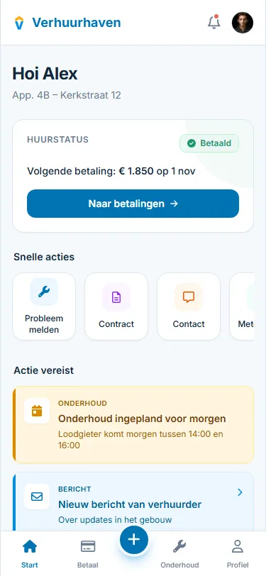 Screenshot van het dashboard voor huurders met overzicht en acties.