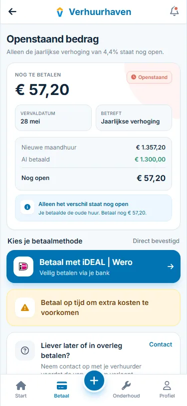 Huurderscherm met openstaand restant door jaarlijkse huurverhoging.