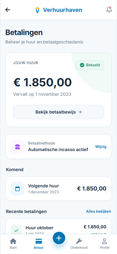 Screenshot van het betaalscherm voor huurders.